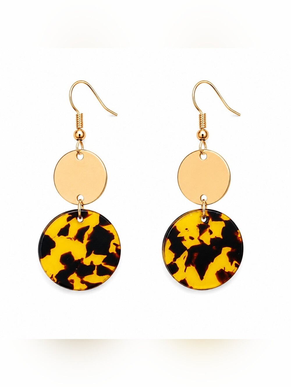 NWT Gold and Tortoiseshell Double Disc Drop Rose Gold Statement Dangle Earrings - Picture 1 of 6